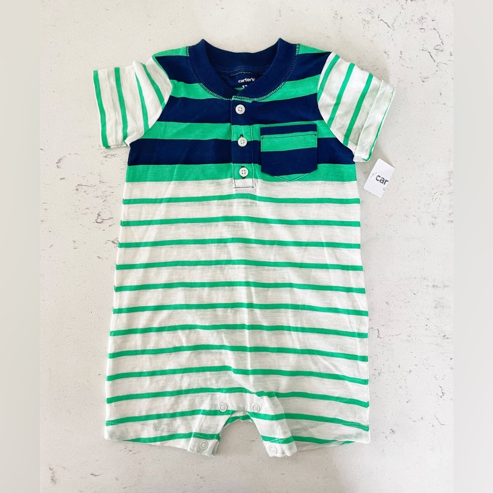 CARTER’S Boy’s Blue Green White Striped Short Sleeve Romper Size 12 Months NWT